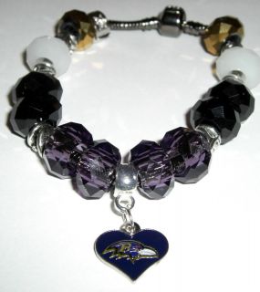 European Baltimore Ravens Ebony Team Color Bracelet w Logo Charm 8 5 