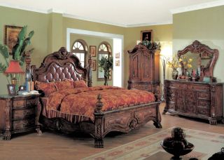 King Poster Bed Leather Marble 6pc Bedroom Set Armoire
