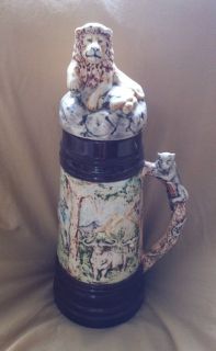 Vintage Holland Mold Ceramic 13 Beer Stein W Lid   Lions, Giraffes 