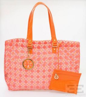 Tory Burch Pink & Orange Vinyl Geometric Logo Print Beach Bag