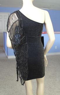 BEBE Blk Crochet Sleeve Slash Panel Shimmery Dress NWT$169 P s Only 