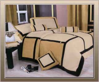   Contemporary Micro Suede Comforter Set Queen Khaki Beige Black
