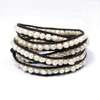 Chic Beauty Freshwater White Pearls Five Wrap Bracelet