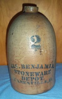 Jas. Benjamin Stoneware Depot Zanesville OH   Antique Salt Glazed 