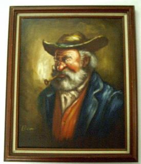   Old Man w Hat Pipe Original Oil Painting by Benson Framed