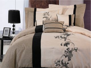 7pcs Black Cream Beige Floral Linen Comforter Set Bed In A Bag Queen 