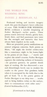 Father Daniel Berrigan S.J. The World for Wedding Ring hardcover first 
