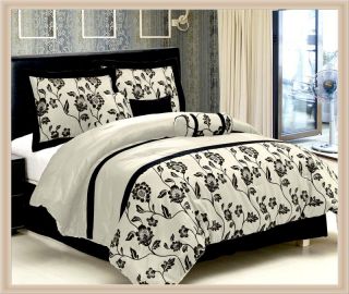   Pcs Flocking Floral Satin Comforter Set Bed In A Bag Queen Beige/Black