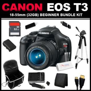  EOS T3 Digital SLR Camera with EF s 18 55mm Is Lens 32GB Beginner 