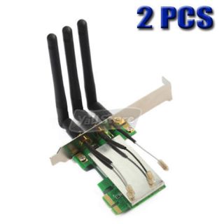 2X Mini PCI E to PCI E Wireless Adapter 3 Antenna WiFi