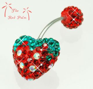   Crystal Juicy Red Strawberry Love Heart Navel Belly Ring Bar