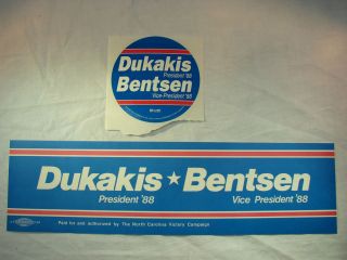 Dukakis Bentsen Bumper Sticker & Lapel Sticker 1988 Election