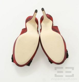 Bettye Muller Red Black Plaid Knit Bow Trim Peep Toe Platform Heels Sz 