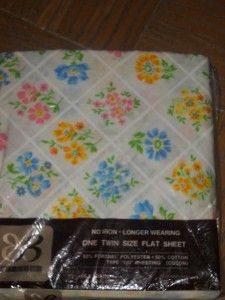 Vintage Bibb Twin Flat Sheet Floral Trellis White with Blue Pink 