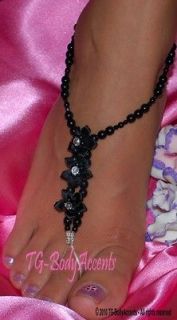 Barefoot Sandals   Foot Jewelry Beach Wedding Black Rhinestone flowers 