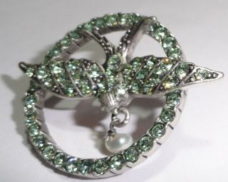   Danish Design Green Bird in Circle Brooch Real Pearl Crystal