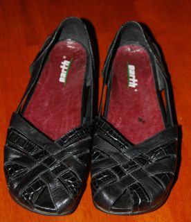 Black Wonder Earth Kalso Leather Flats Sandal Peep Toe Negative Heel 