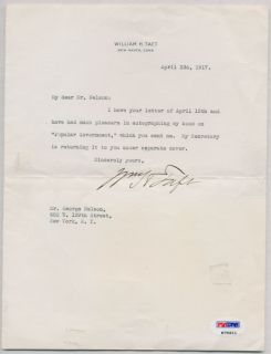President William Taft Signed Autographed PSA DNA Letter K75611
