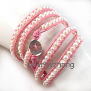 Freshwater Pearl Beads on Pink Leather 5 Wrap Bracelet Handmade K107 