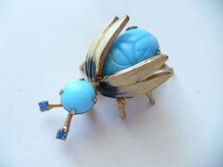 Vintage Blue Glass Scarab Enamel Bug Pin Brooch Warner