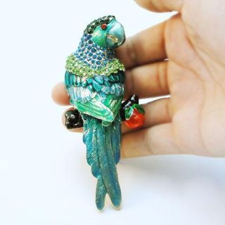 Parrot Bird Brooch Pin Green Rhinestone Crystal Enamel