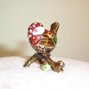 Jewelry Trinket Box Red Bird on Branch Jeweled Enamel