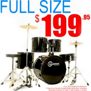 New 5 Piece Black Drum Set with Cymbals Full Size Adult