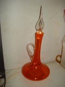 Bright Orange Genie Bischoff Mid Century Eames Era Glass Decanter 