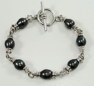 925 Sterling Silver Black Pearl Link Chain Bracelet Toggle Clasp 8 