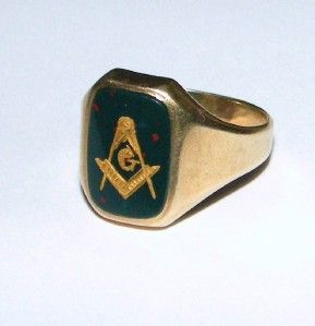 Vintage 10K Yellow Gold Bloodstone Masonic Masons Ring Size 9