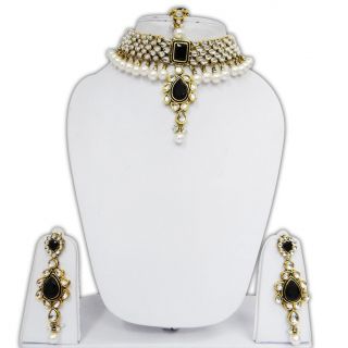   Black CZ Pearl Necklace Set Traditional Bollywood Bridal Jewelry