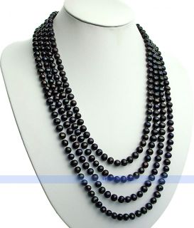 Long 100 7mm Genuine Freshwater Black Pearl Necklace