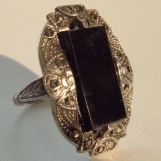 Art Deco Black Onyx Marcasite and Sterling Ring Sz 4 1 2