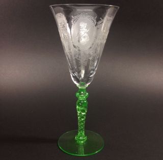 RARE Monongah Bo Peep Green Crystal Glass Etched Bi Color Wine Goblet 