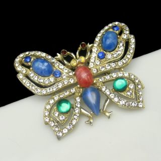  Large Figural Butterfly Brooch Pin Glass Stones Rhinestones Blue Green