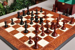 The Reykjavik II Series Prestige Chessmen are shown on our Elm Burl 