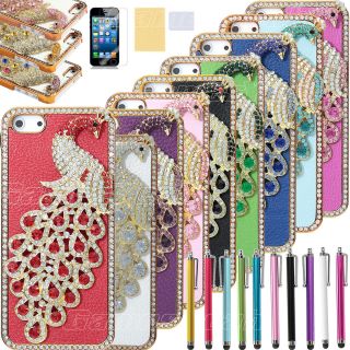 Bling Charm Peacock PU Leather Case Cover for iPhone 5 6th Screen Film 