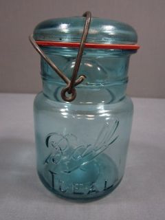 BLUE BALL IDEAL PINT SIZE CANNING JAR PATD JULY 14,1908 W/BAIL& GLASS 