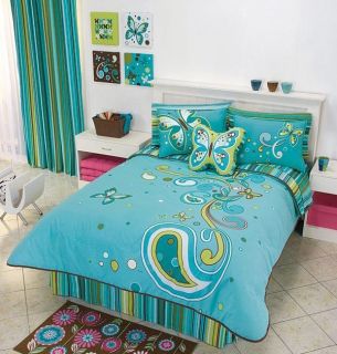   Blue Green Butterfly Comforter Bedding Sheet Set Full Curtains