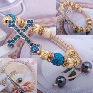 Peacock Blue Clear Crystal Pave Cross Connector Link Gold Bead Ball 