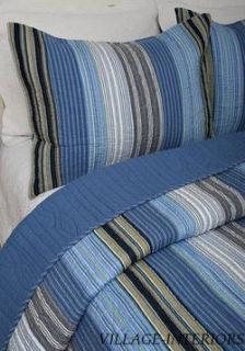 Blue Tropical Seaside Stripe Cotton Queen Quilt Set