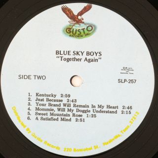 Blue Sky Boys Bill Earl Bolick Together Again LP VG NM