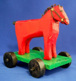 Bluteau Folk Art Primitive Carving Listed Quebec Childs Red Horse Pull 