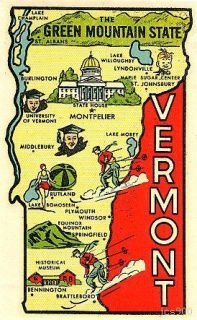 Vintage Vermont Green Mountain State Map Souvenir Travel Water Decal 