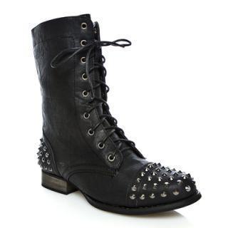   Studded Distressed Lace Up Military Combat Mid Calf Boots Black