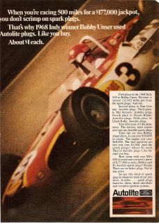1968 Autolite Sparkplugs Indy Winner Bobby Unser Ad