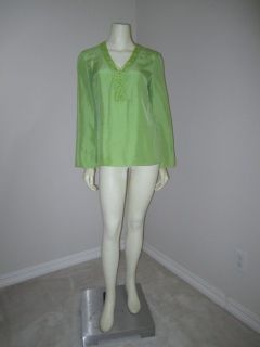 Womens Nancy Bolan Lime Green Beaded Silk Tunic Top Size S M