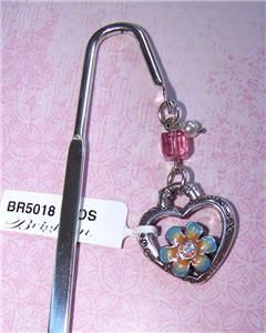   BRIGHTON ORCHARD Silver Flower & Heart wBlue & Pink Crystals Bookmark