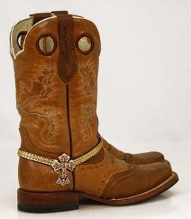 Western Cowgirl Boot Strap Bracelet Jewelry Topaz Rhinestone Cross 