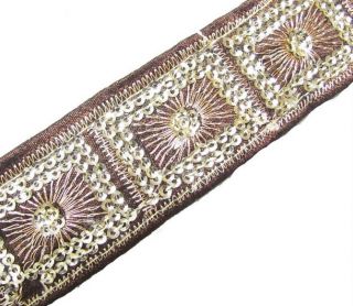 BROWN BASE GOLD SEQUIN EMBROIDERED RIBBON TRIM BORDER LACE SEWING